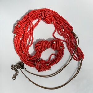 Vintage Multi Strand Glass Bead Necklace Red Gold Knotted 35”